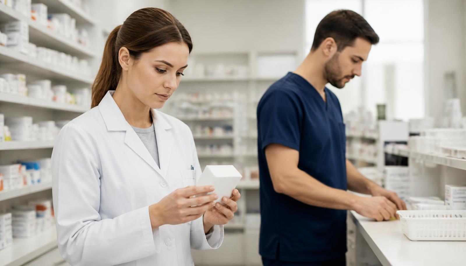 Pharmacy team checking medicines on dispensary shelves